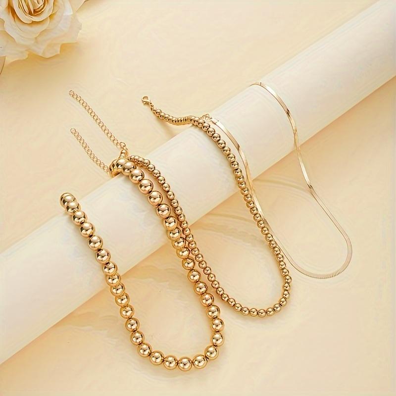 3PC Multilayer Flat Snake Chain Necklace Women Vintage Beads Golden Beaded Necklaces Girls Party Fashion Zircon