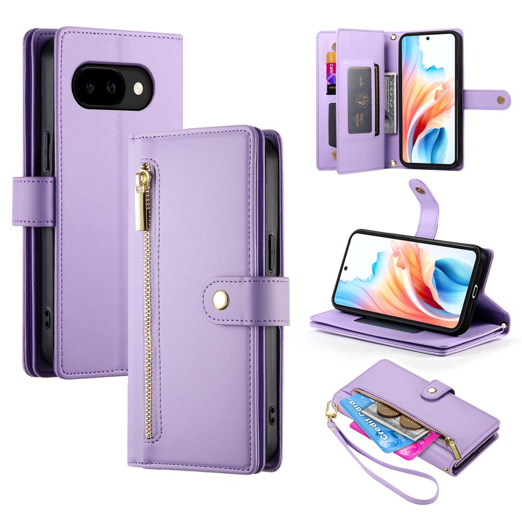 For Google Pixel 10a Case Zipper Pocket Wallet Leather Phone Cover with Straps