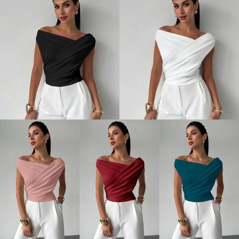 Camiseta sin mangas de color sólido para mujer, estilo simple, hombro caído, corte ajustado, top corto sin mangas