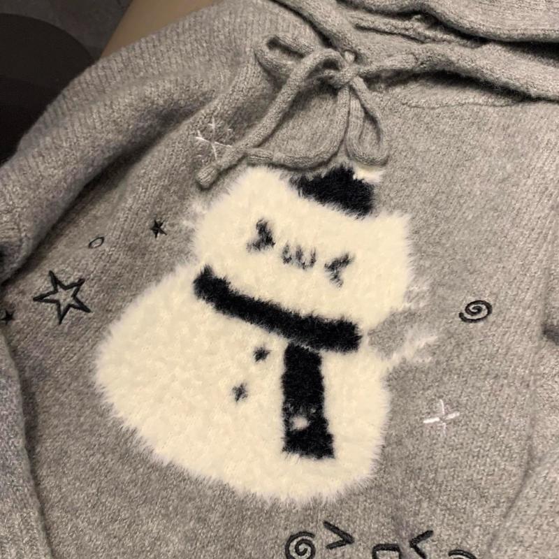 Ladies Cute Cartoon Snowman Hooded Sweater Korean Lazy Style Woman Knitted Top Autumn Versatile Grey Women's Pullover Sweaters