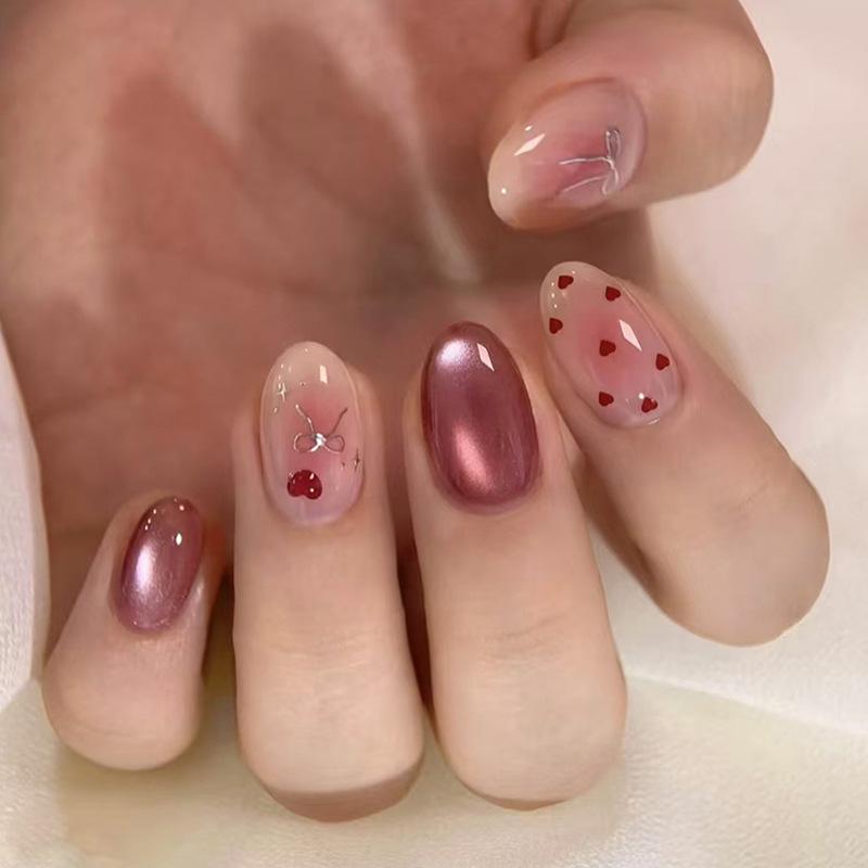 Three-dimensional cat's eye wine red love blush silver bow temperament white European and American style removable nail art pieces 30 pieces