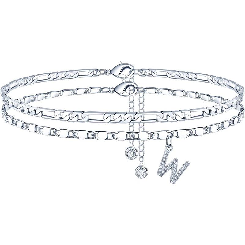 Hot Selling Stainless Steel Anklet Zircon 26 Letter Anklet Simple Fashion Beaded Double-Layer Unisex Matching Daily Outing B