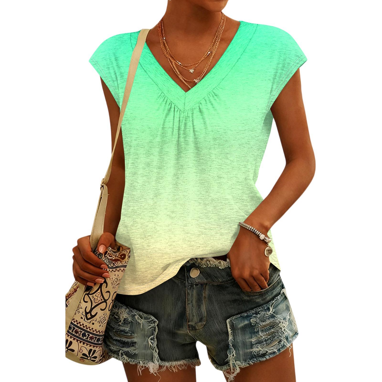 

Женский модный топ с V-образным вырезом, принтом-градиентом и коротким рукавом S зелёный