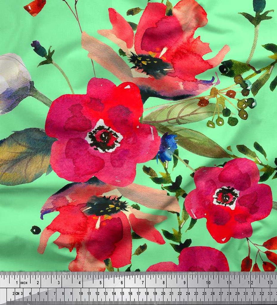 Soimoi Japan Crepe Satin Fabric Leaves & Poppy Flower Print Sewing Fabric Metre 42 Inch
