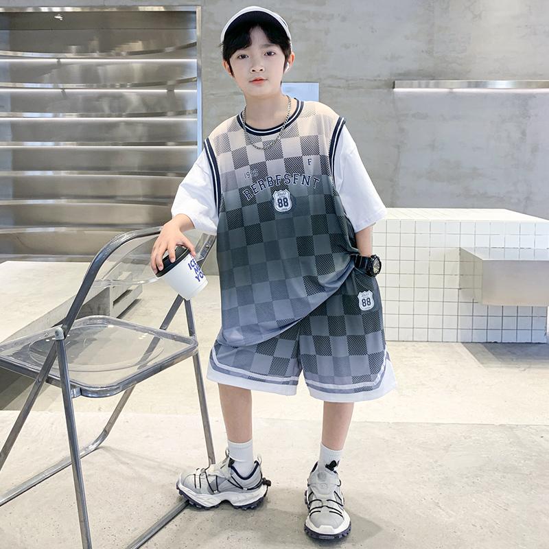 Boys' Basketball Suit Fake Two-piece Set, Summer Thin Ice Silk Quick Drying Sports Two-piece Set, Handsome