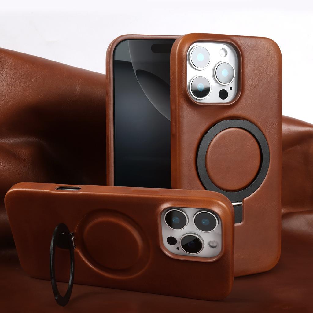 Stand Bracket Genuine Leather Case For iphone 16 Pro Max 16e 15pro 14 13 12 11 Full Wrapped Phone Cases Cover+Magnetic Holder
