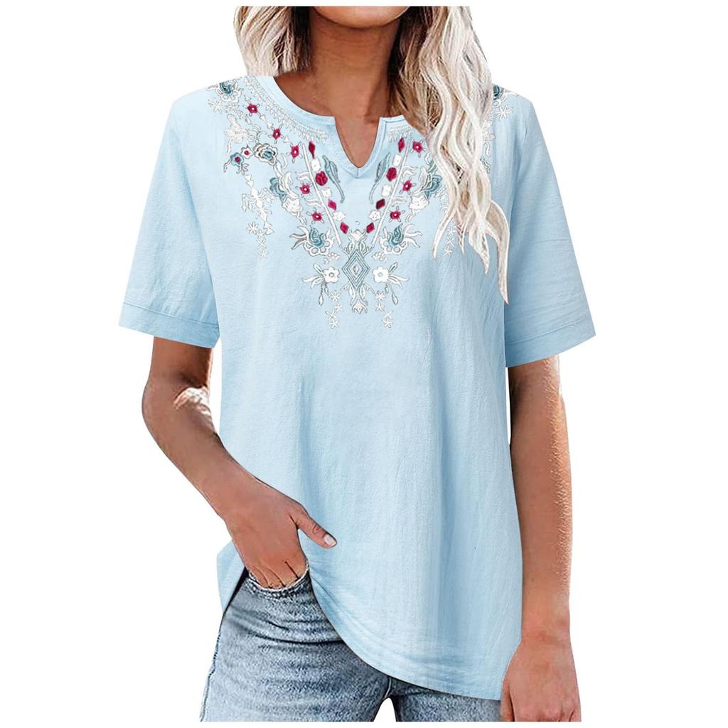 Cotton And Linen Embroidered Shirt V-Neck Color Women's Artistic Loose Fitting Short Sleeved Summer