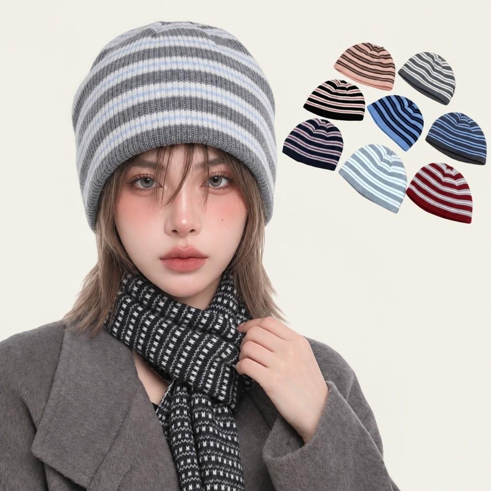 Wool Blend Ribbed Knitted Cap Thick Warm Pullover Hat Fashion Striped Beanie Hat Gift