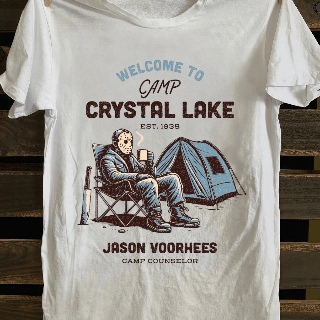 

Мужская повседневная хлопковая футболка с графикой фильма ужасов Дизайн Добро пожаловать в лагерь Хрустальное озеро Мягкий хлопок Круглый вырез Короткий рукав 4XL