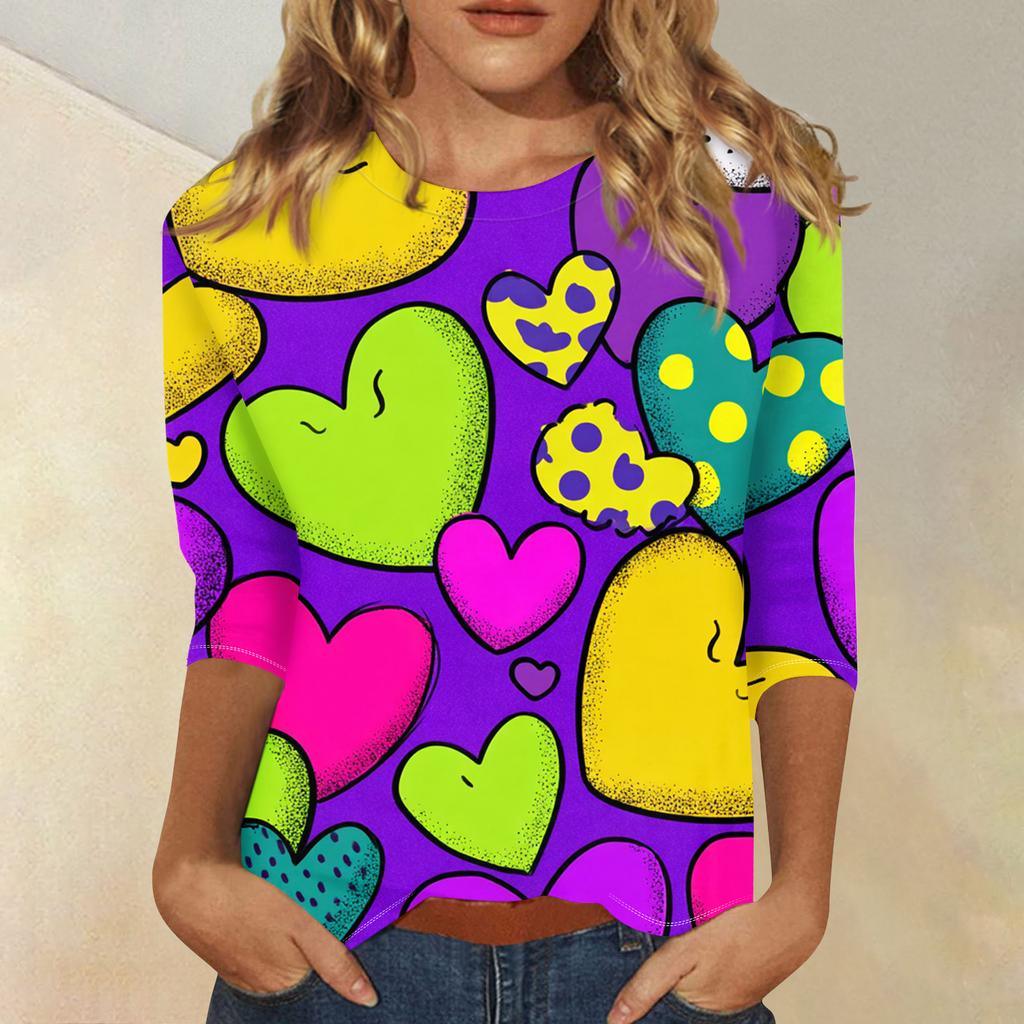 Damen Modisches Lässiges Dreiviertelarm Herzförmig Bedrucktes Rundhals-Top