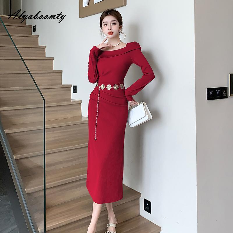Korean Style Autumn Winter Women Sweater Dress Slash Neck Black Purple Red Knitting Dress Long Sleeve Elegant Feminine Dress