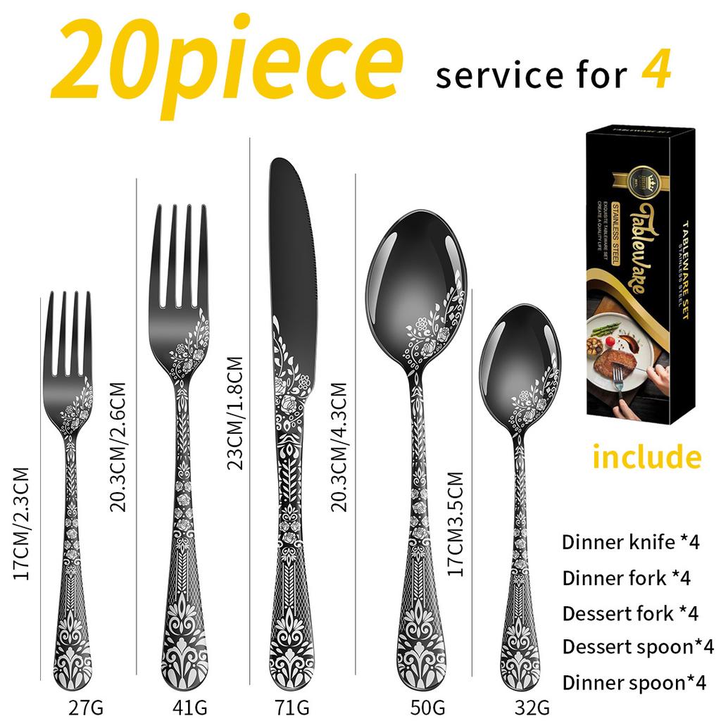 20PCS Patterned Stainless Steel Tableware Knife Fork Spoon Set Western Style Steak Knife Fork Spoon Set Cutlery set