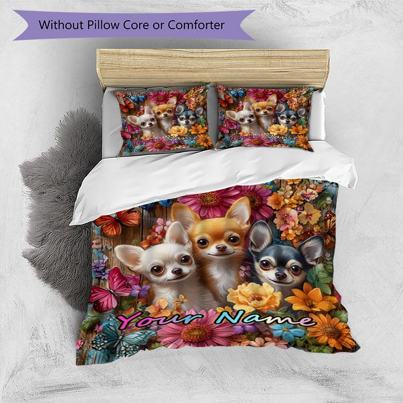 3PC Custom Name Chihuahua Friends Flowers Bedding Set Duvet Cover Closure Includes 1 Duvet Cover & 2 Pillowcases for Bedroom