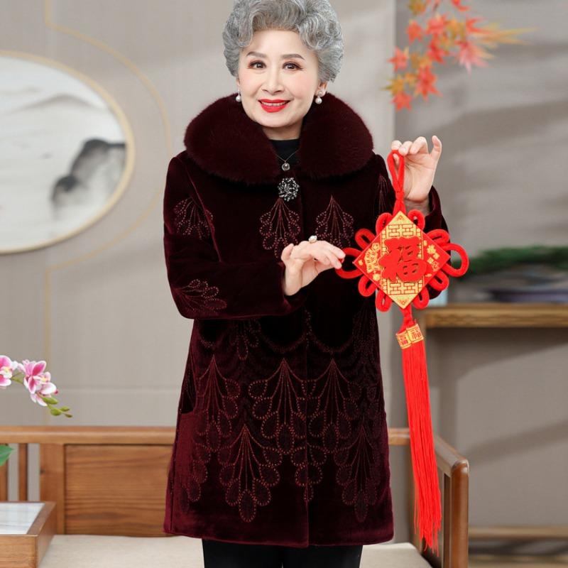 Middle-aged elderly winter coat women's fleece thickened winter cotton-padded coat grandma golden velvet coat elderly clothes