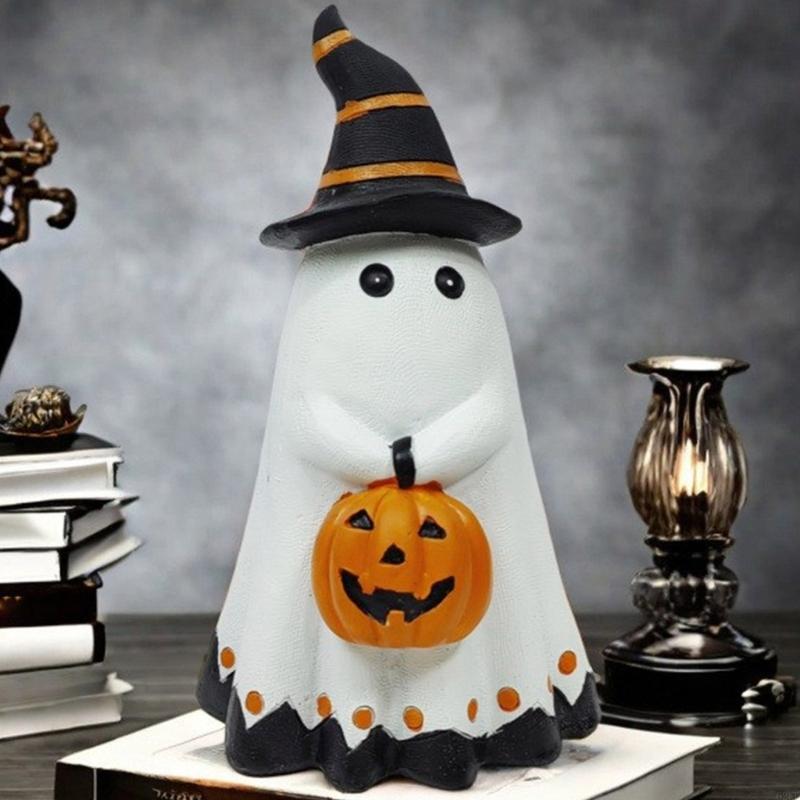 62KD Durability Resin Craft Horror Pumpkin Ghostly Statues for Halloween Enthusiasts