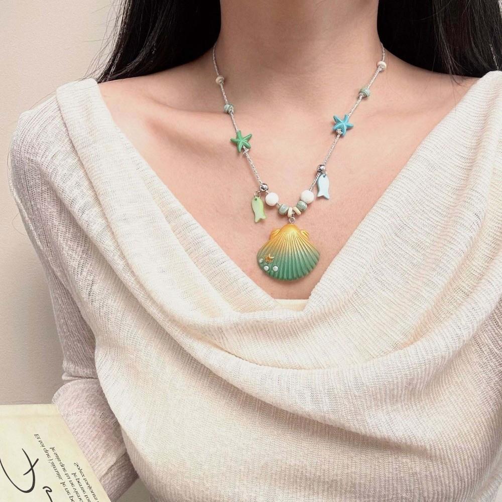 Dopamine Bead Starfish Shell Necklace Bohemian Summer Clavicle Chain Starfish Choker Vacation