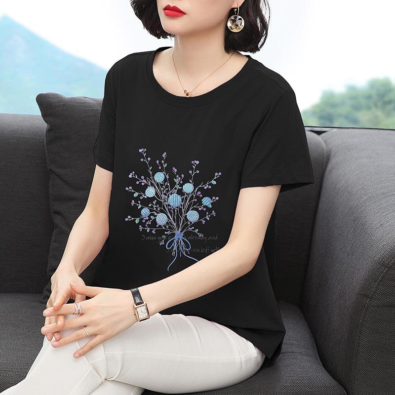 

2023 Летняя женская футболка с круглым вырезом и коротким рукавом, тонкая - Универсальная блузка M чёрный