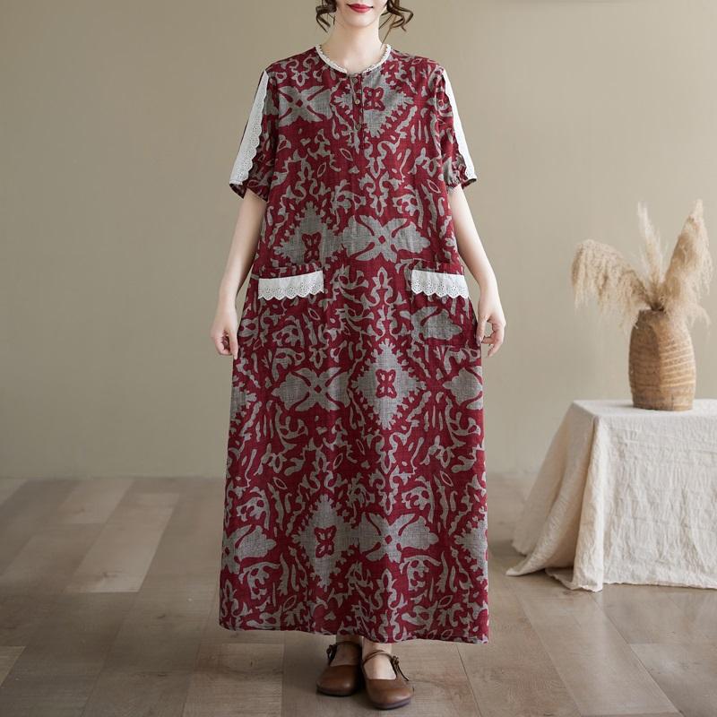 Short sleeve Plus size Cotton linen vintage floral new in dresses for women casual loose long summer dress