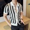 Letní pruhované pletené pánské tričko Slim Fit s klopou Ležérní košile Módní pletené topy s krátkým rukávem