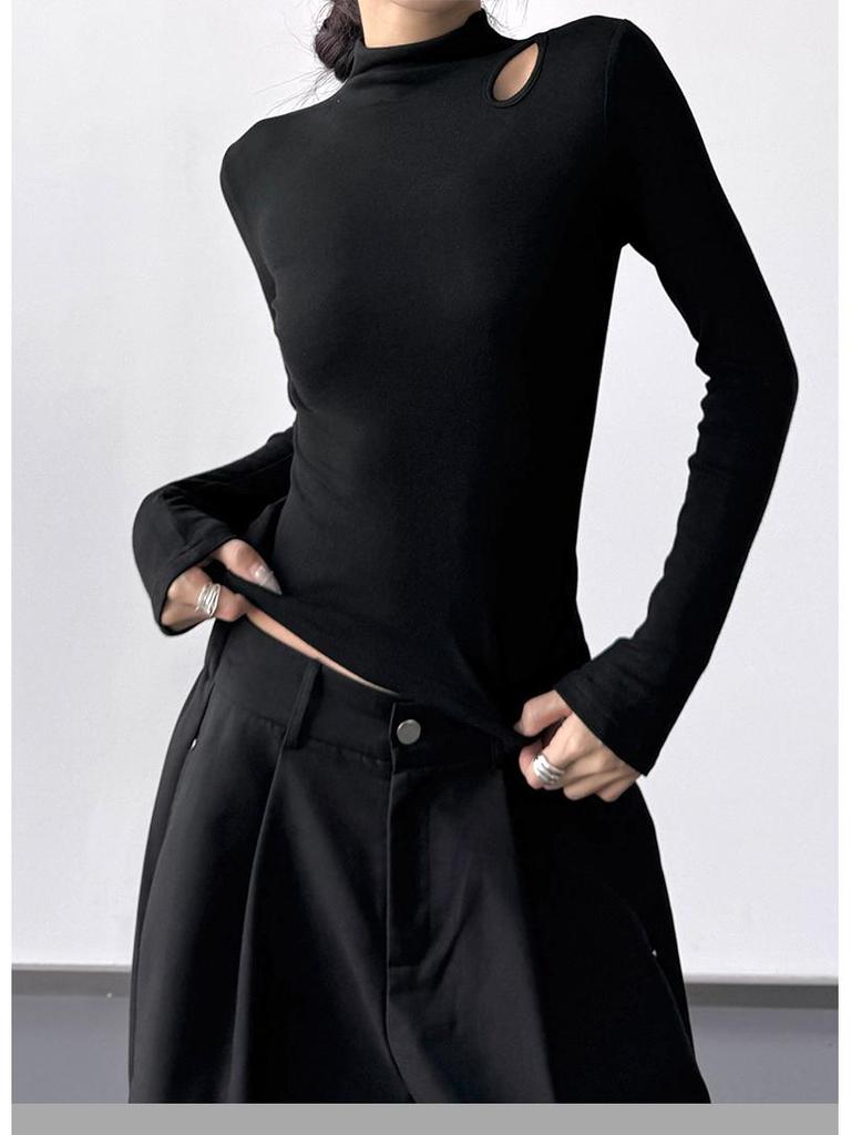 Women's Slim Fit Velvet Turtleneck Long Sleeve T-Shirt, Gray, 2025 Spring/Autumn/Winter Collection.