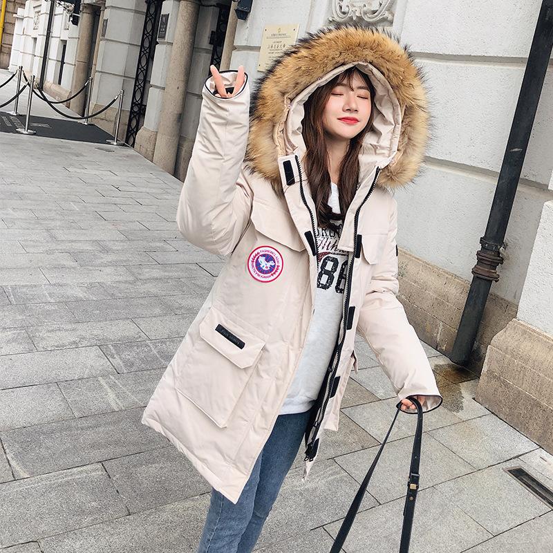 Canadian cotton-padded clothes for women, winter coats, class uniforms, medium and long tooling pie, overcoming big fur collar ski clothes