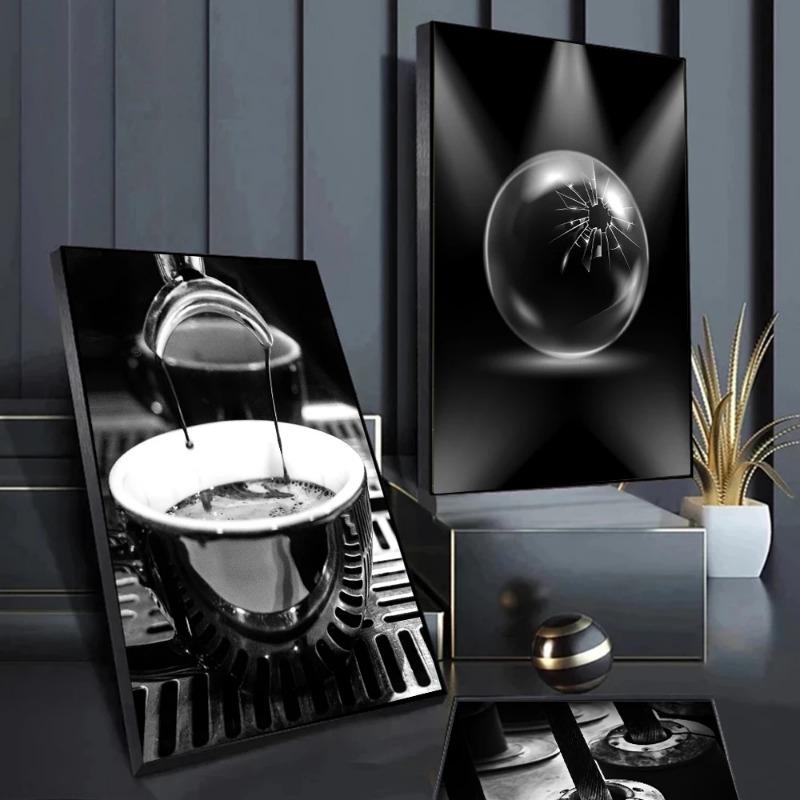 Coffee Espresso Machine Tableware Glass Cup Black White Art Canvas Painting Norse Wall Posters Prints Home Modern Shop Bar Decor
