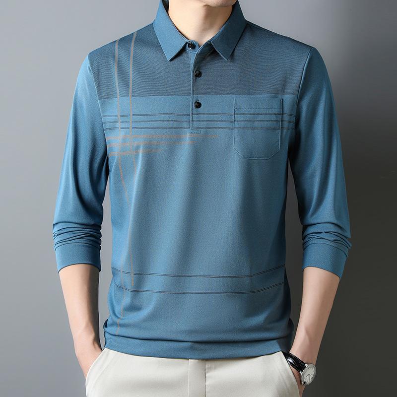 Autumn Men's Long-sleeved Thin Tops Bottoming Shirts for Young and Middle-aged Men with Lapels and Real Pockets Casual Dad T-shirts for Men