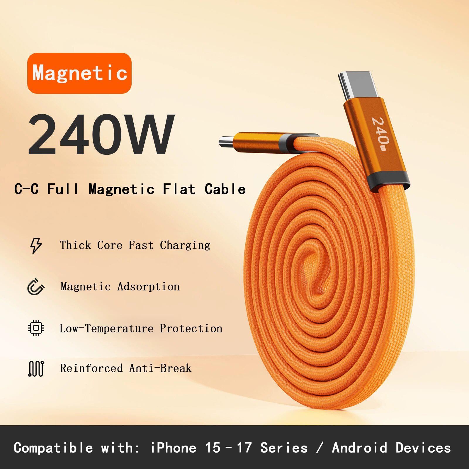 Factory Direct 240W Fast Charging Magnetic Storage Nylon USB-C Cable Dual Type-C Flat Noodle Retractable Charger for iPhone 17 1m