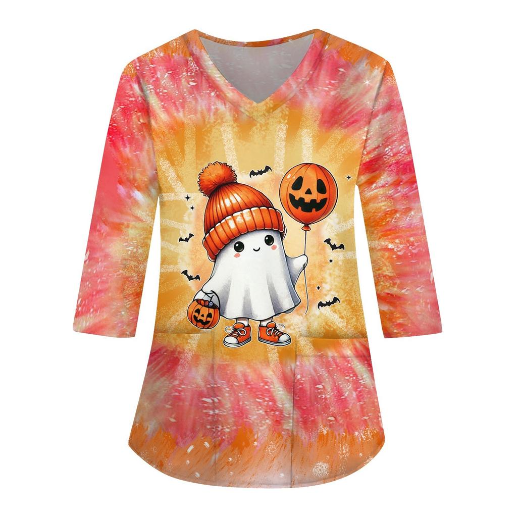 Women's Fashion Casual Halloween Print V-neck 3/4 Sleeve Uniform Overalls T-Shirt Top