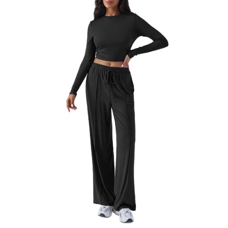 Women Long Sleeve Top Solid Drawstring Wide Leg Casual Pants Two Piece Set