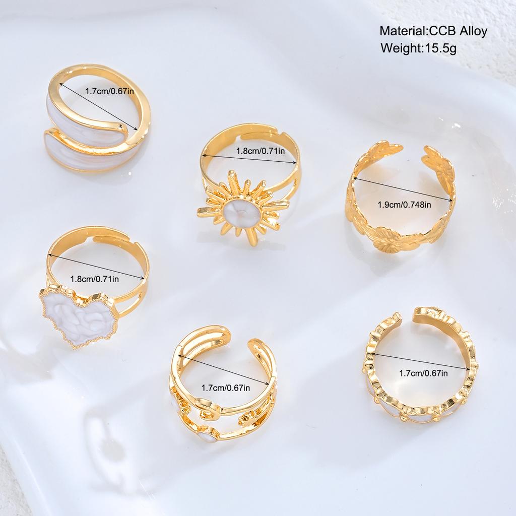 IF ME 6-Piece Fashionable Heart-Shaped Sun-Moon Sunflower Geometric Irregular Glitter Drip Ring Set Women's Holiday Party Jewelry
