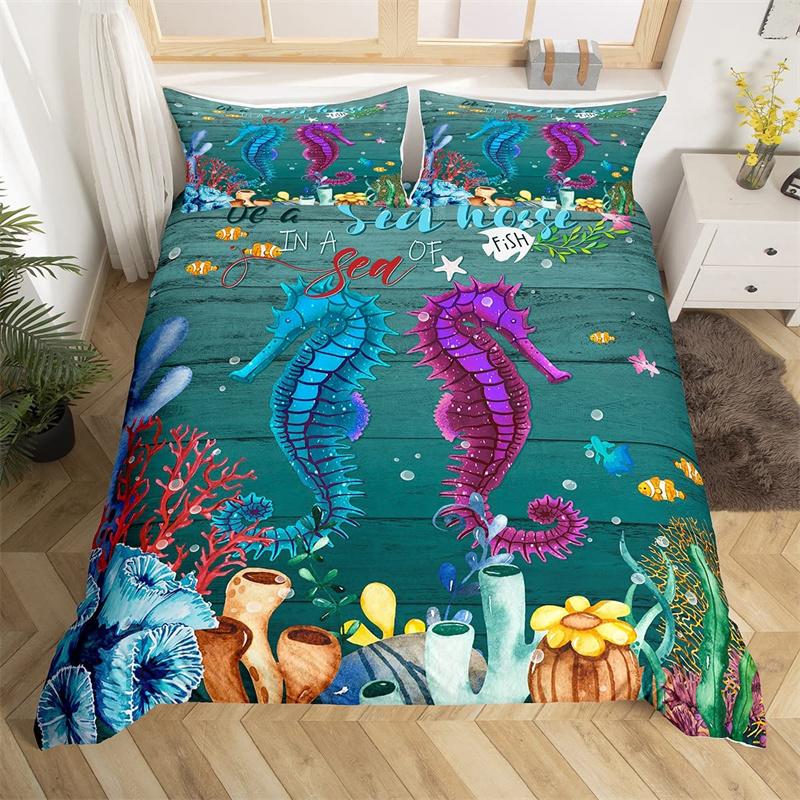 Dolphin Duvet Cover Nautical Sea Animal Bedding Set Underwater World Fish Sealife Quilt Cover Coral Reef Seaweed Queen Bed Set