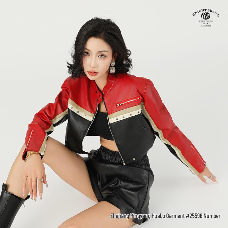 European Style PU Leather Spliced Short Motorcycle Jacket for Women S (100-110 lbs)