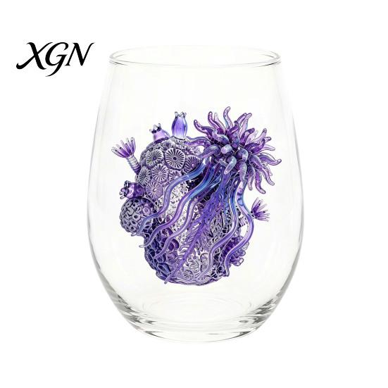 Personalized Daily Use Glassware Stemless Wine Glasses with Marine Animal Pattern, 420ml Capacity, High Borosilicate Halloween Themed Drinking