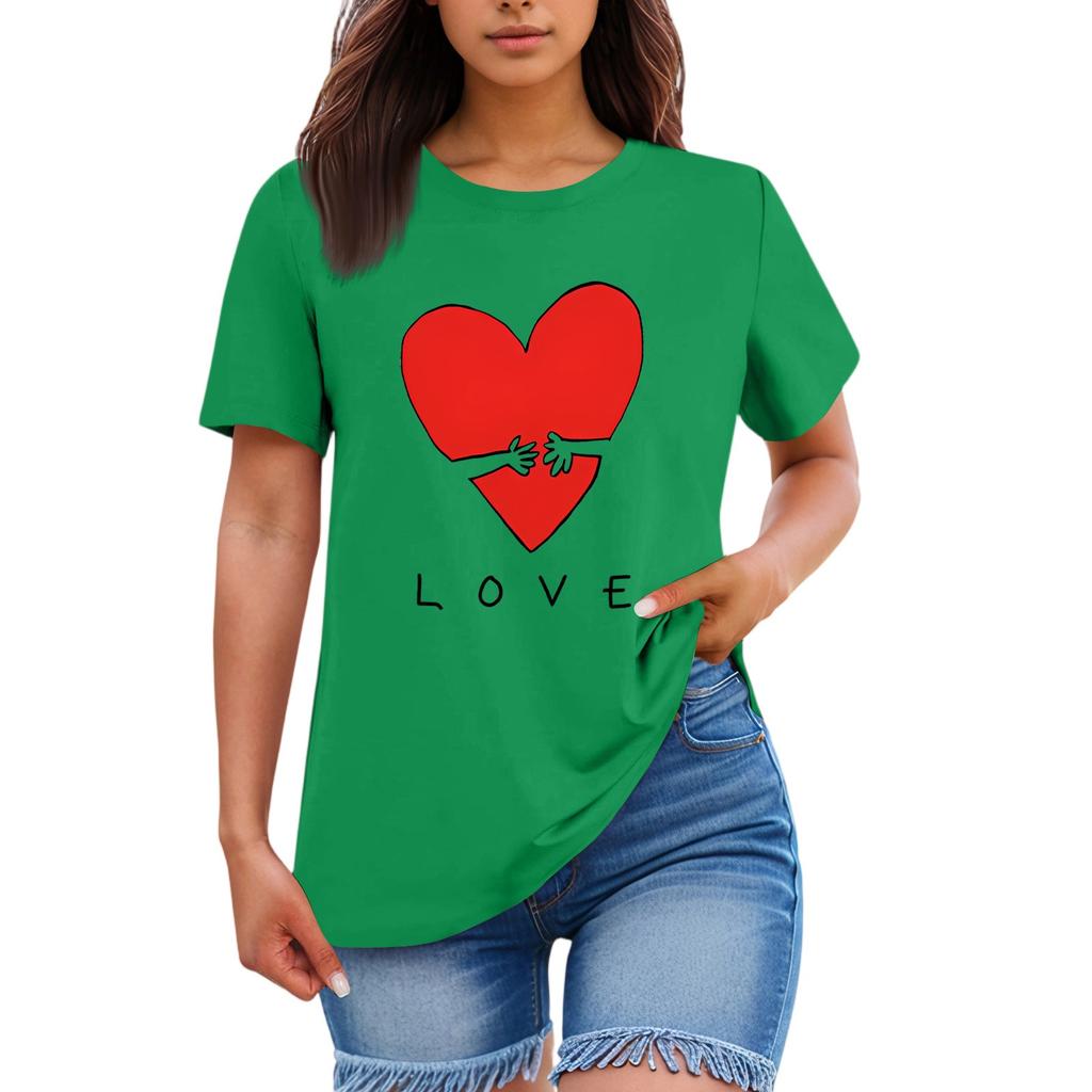 Ladies' Loose Comfortable Casual Fashionable Heart And LOVE Character Pattern Printed Round Neck Short Sleeved Shirt