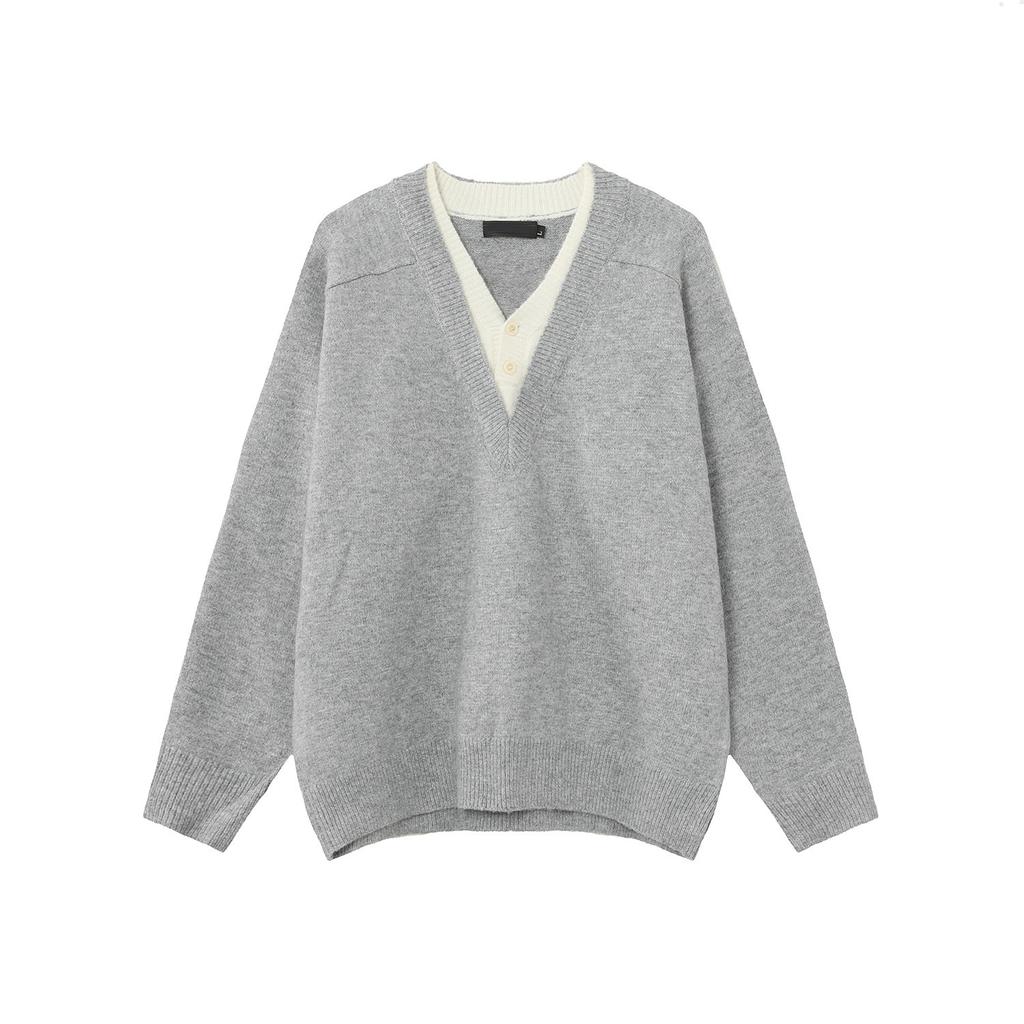 Dark gray V-neck fake two-piece knitted sweater jacket men's autumn wear Korean version of college style lazy bottoming sweater