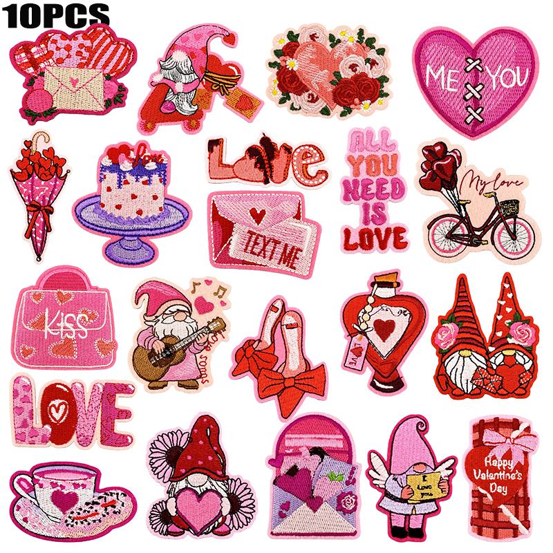 10PCS/lots Valentine's Day Embroidered Patches Pink Love Heart Patch Iron On Patches For Clothing Holiday Decoration Gift DIY