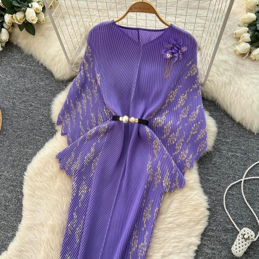 Jarní podzimní dámské elegantní 3D květinový tisk Miyake s přehybem a netopýřím rukávem, nadměrné volné skládané šaty s páskem