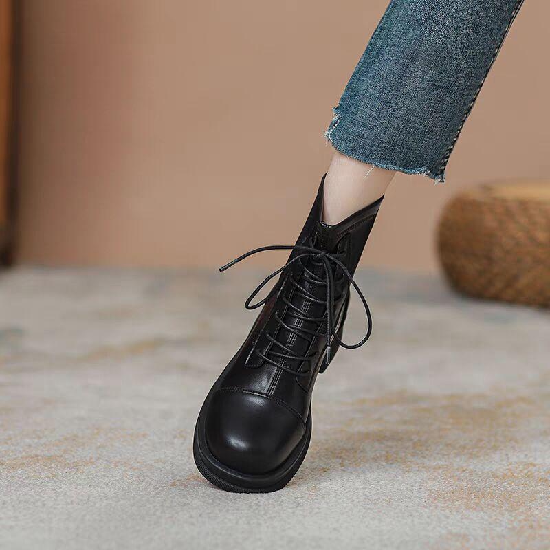 Women's Soft Leather British-Style Fleece-Lined Martin Boots - Autumn/Winter 2025, Thick-Soled, Short, Spring/Autumn Single Boots.