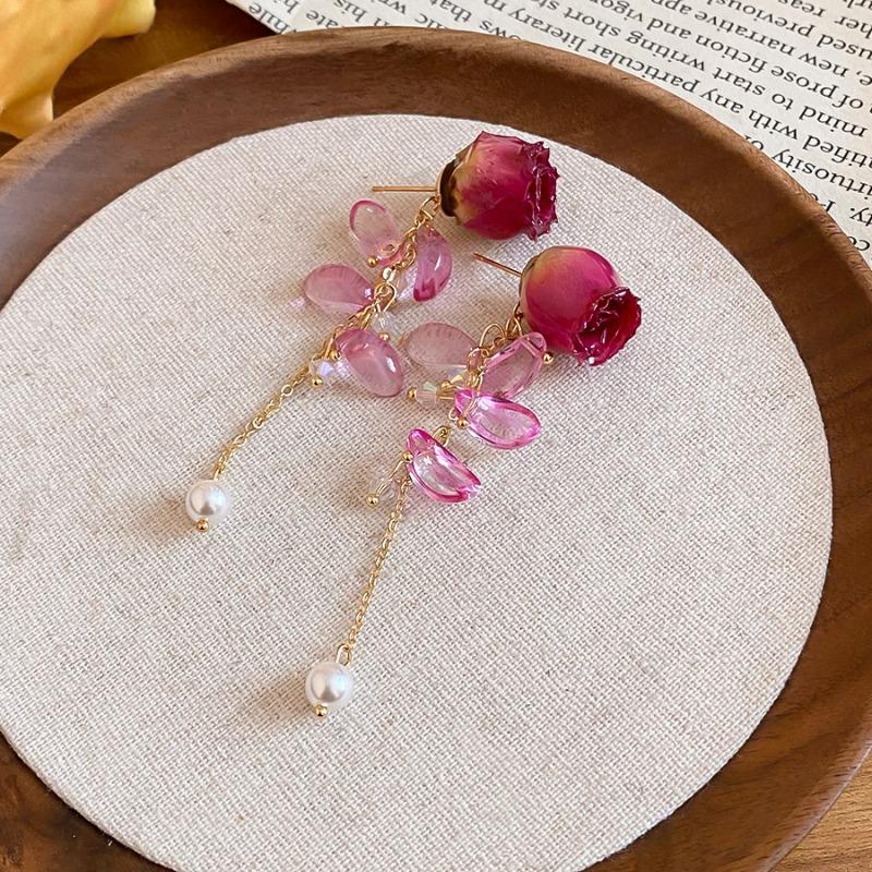 Silver needle pearl eternal flower long fringed earrings retro light luxury gentle temperament stud earrings niche design earrings