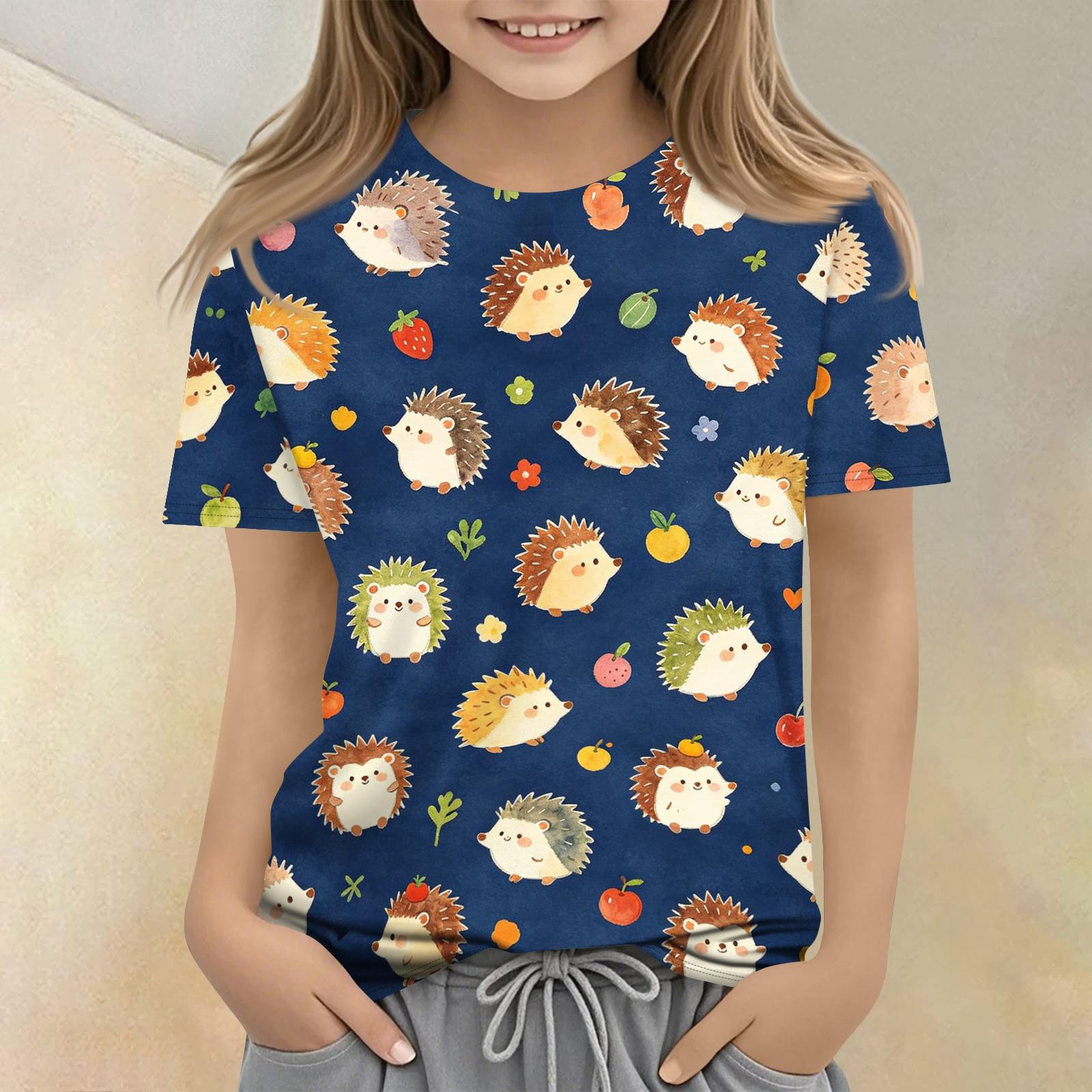 

Kids Animal Print Short Sleeve T Shirt Casual Loose Fit Crew Neck Top for Boys and Girls Soft Comfortable Fabric 120 синій