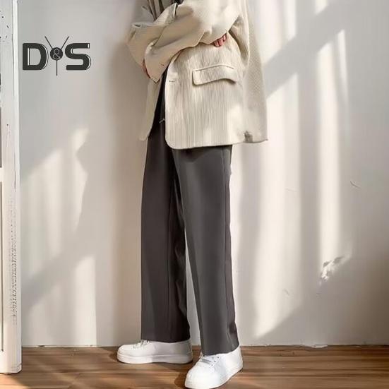 Men Suit Pants Wide Leg Loose Straight Elastic Waistband Formal Business Style Side Pockets Button Zipper Closure Solid Color Office Trousers