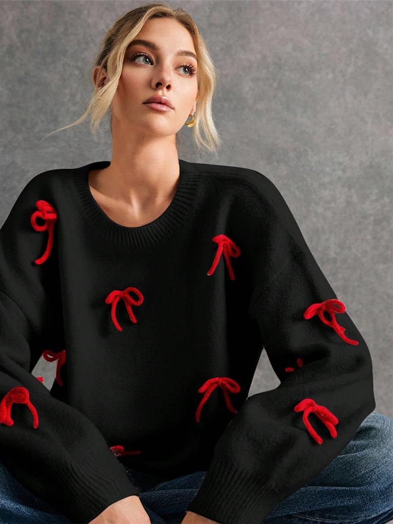 Red Bow Knot Loose Fit Crewneck Pullover Sweater Autumn Top