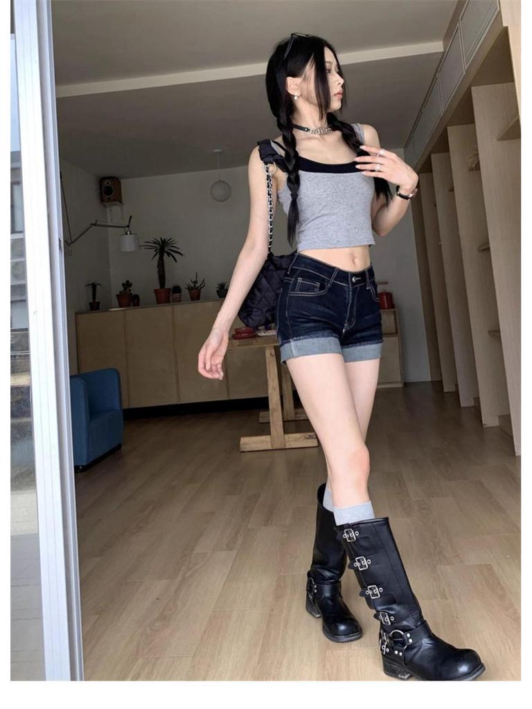 Women's High-Waisted Denim Shorts - Water-Washed, Rolled Hem, Slimming A-Line Fit, Stretchy and Hip-Hugging. Perfect for Summer 2026 Hot Girl Style.