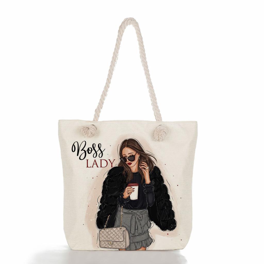 Multifunctional Coffee-colored Girl Printed Thick Rope Shoulder Beach Bag Casual Large Capacity Handbag 0107