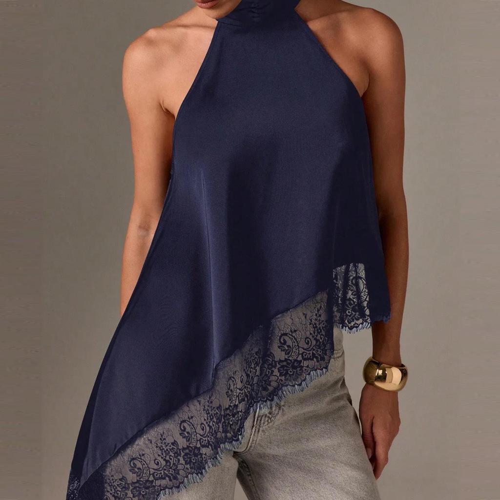 2025 Women's Satin Halter Neck Sleeveless Asymmetrical Camisole with Lace Trim