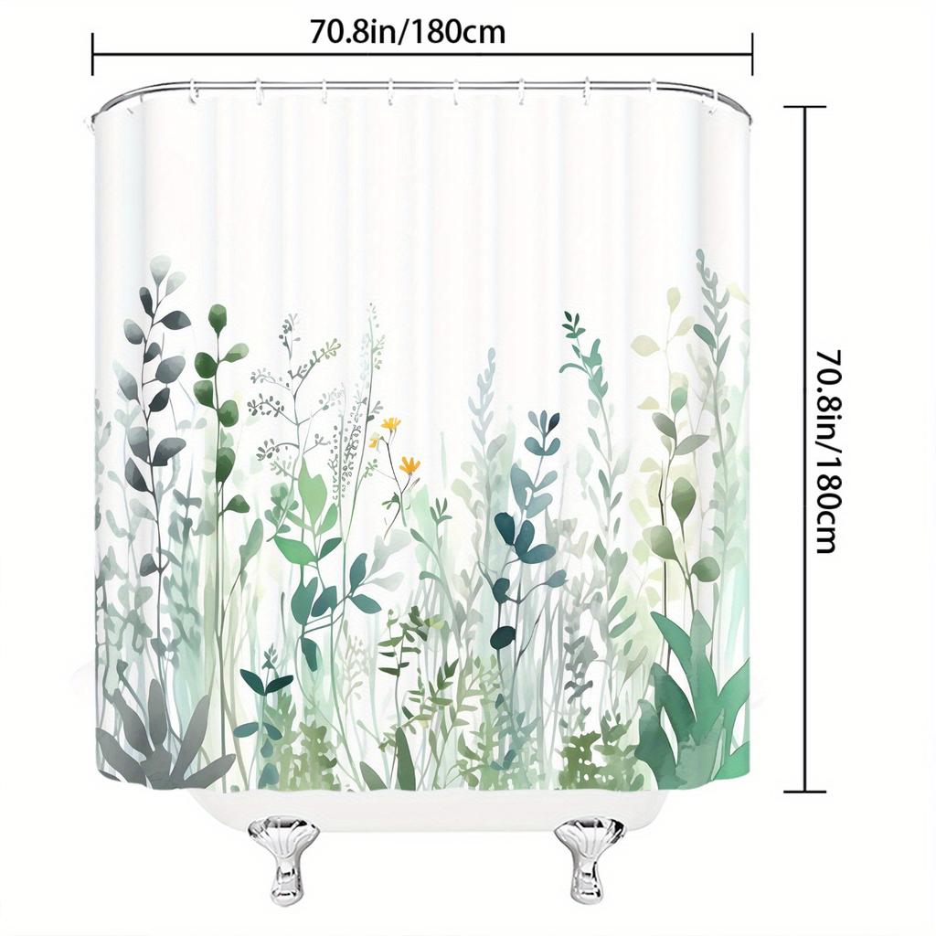 1pc Wildflower And Weed Shower Curtain with Natural Green Landscape, 70X70 Inch Polyester Shower Curtain, 12 Hooks.
