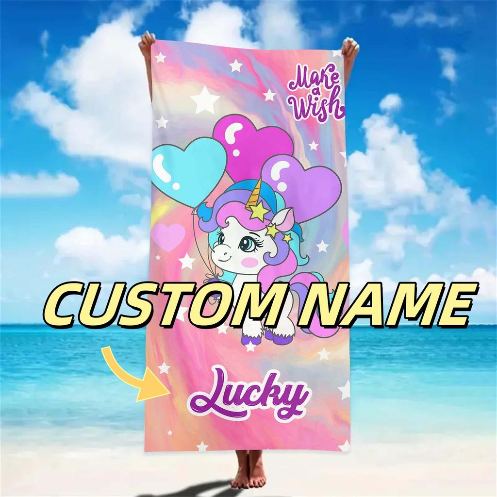 Name Custom Cartoon Beach Towel Cute Unicorn Soft Microfiber Travel Camp Towel Absorbent Quick-Drying Bath Towel Gift For Girl