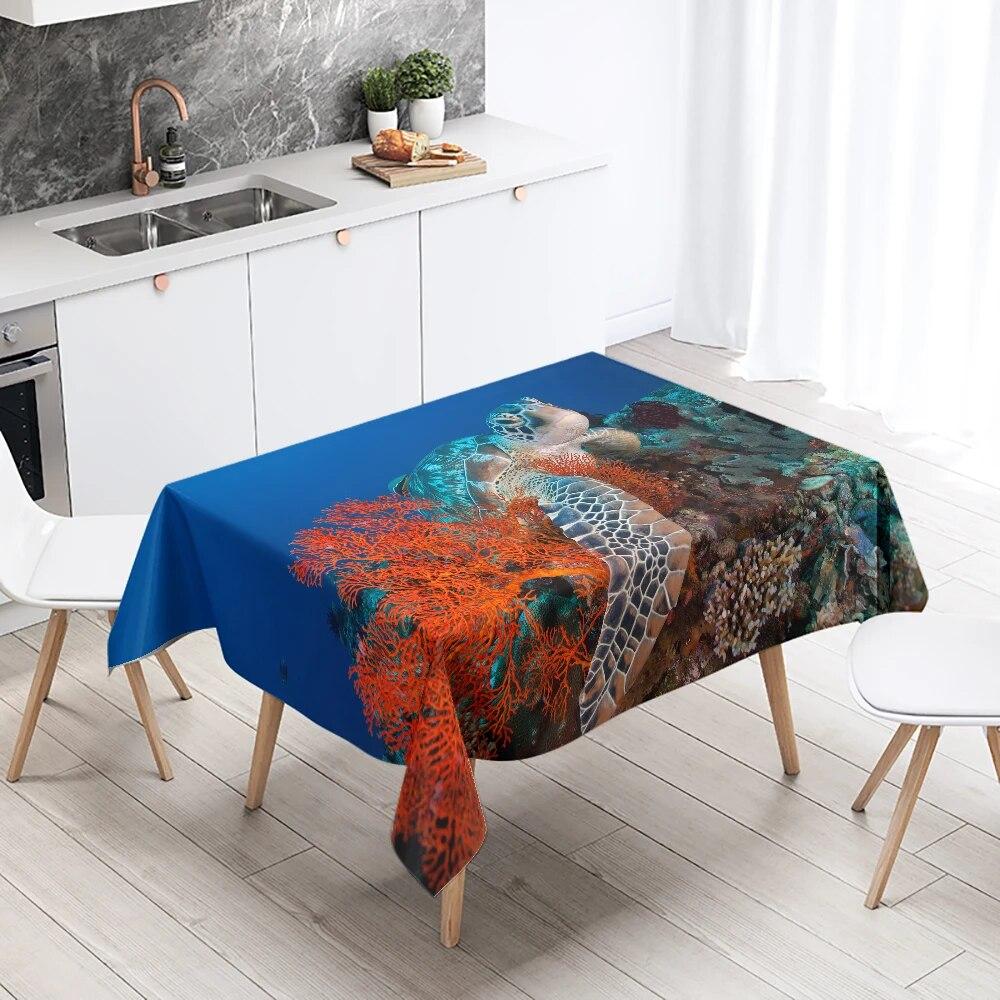 Cute Sea Turtle Underwater World Tablecloth Camping  Party Restaurant Table Decoration Waterproof Kitchen Home Decor
