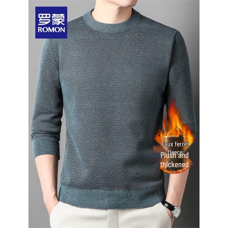 ROMON Men's Warm Fleece-Lined Round Neck Knit Sweater